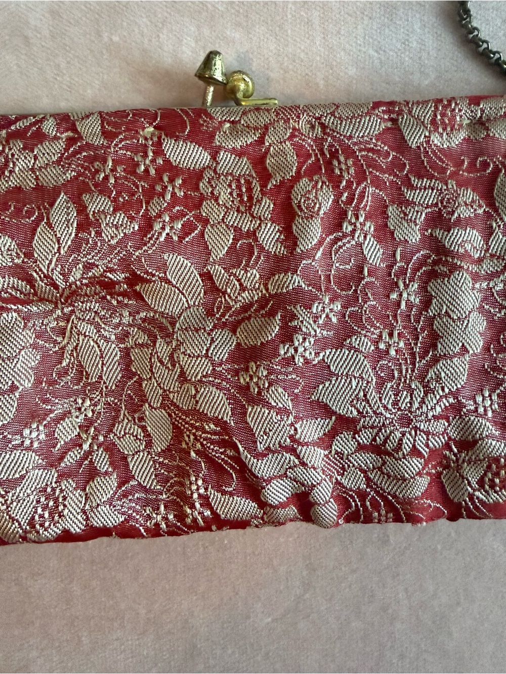 Vintage Beaded Floral Brocade Evening Clutch Purse Kiss Lock Chain Strap Red Pin - Picture 4 of 8
